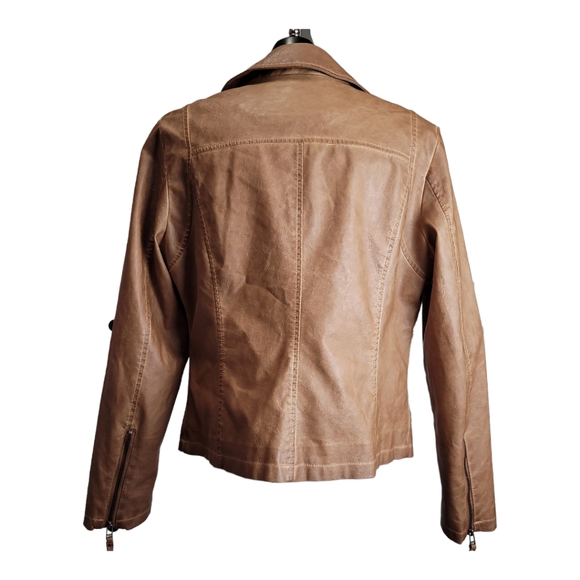 Max Studio Women's caramel tan aged Faux Leather moto biker jacket, L - Picture 3 of 16